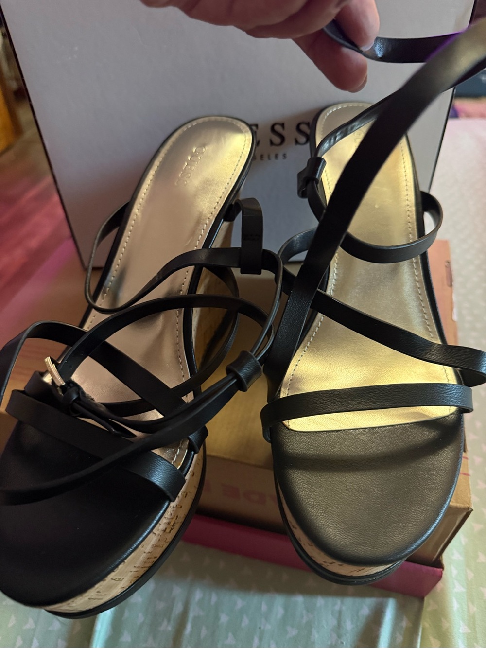 Guess Black Strappy Cork-Look Wedge Sandals